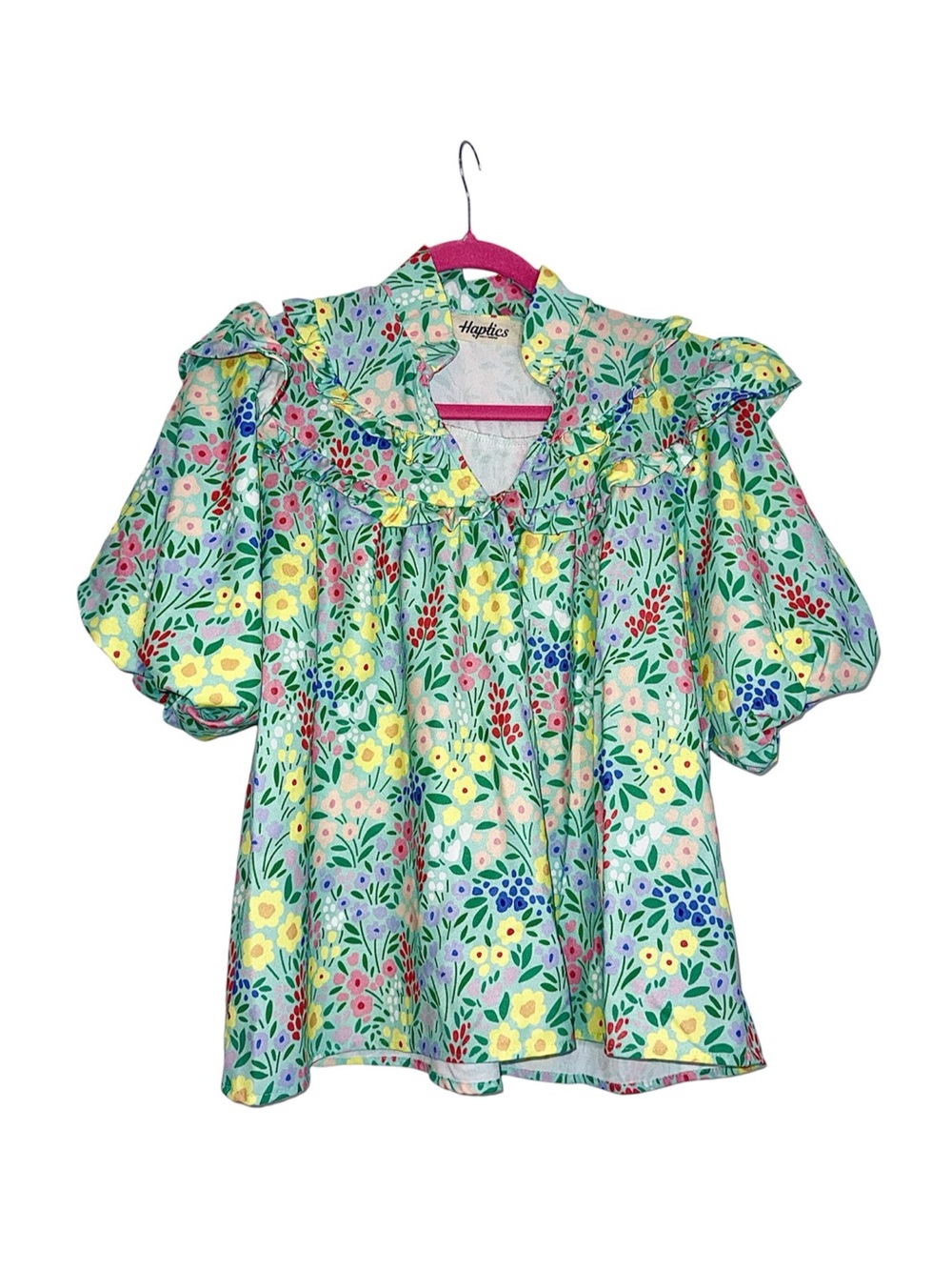 Haptics- Mint Green, Multi Color Floral Collared Puff-Sleeve Blouse, SMALL, EUC!
